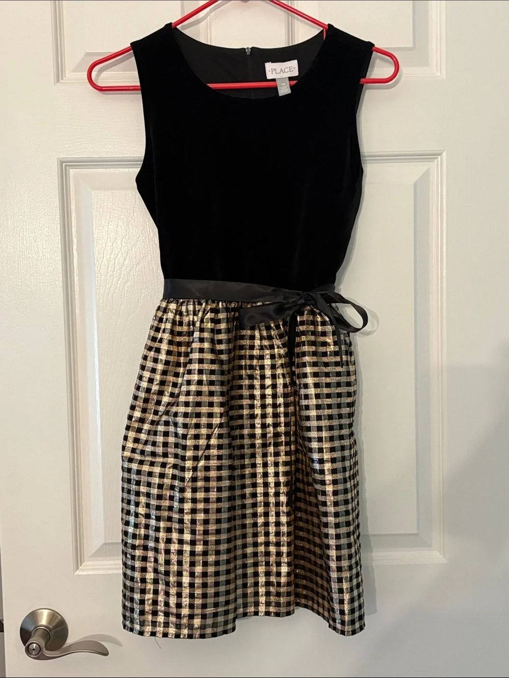The Children's Place Black Velvet Top with Gold & Black Gingham Skirt